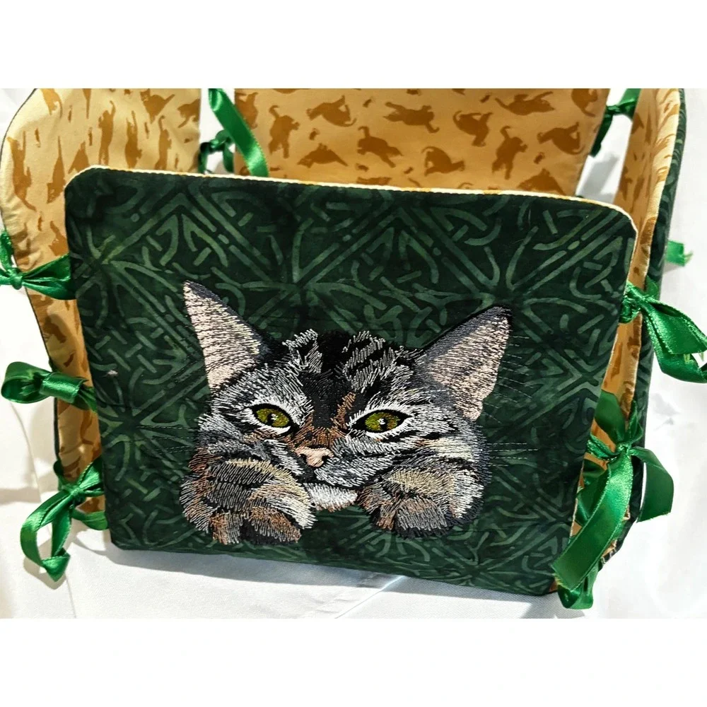 Handmade Embroidered Calico Tabby Kitten Cats Fabric Spoiled Toy Basket Ties 9x9
